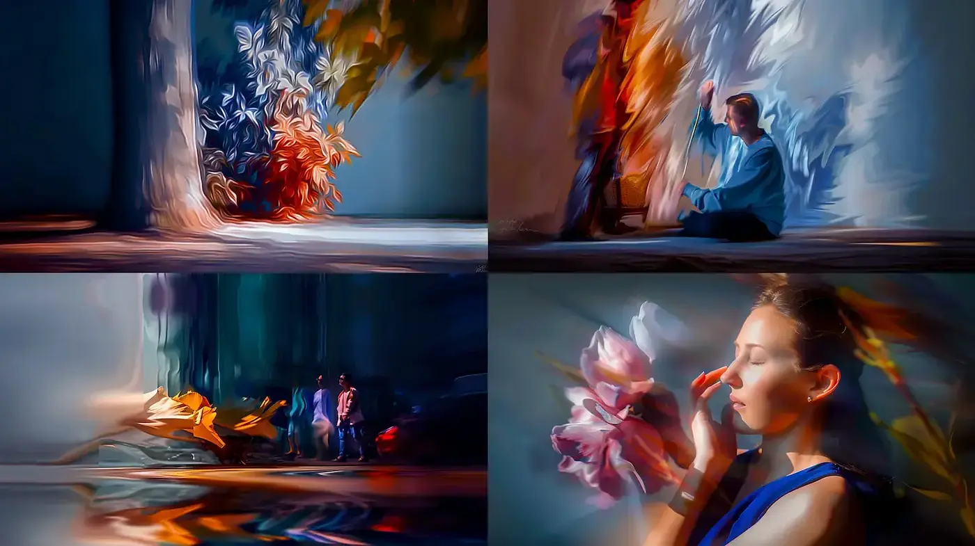 Surrealist Dreamscapes with Fluid Motion and Vibrant Colors - Midjourney sref style