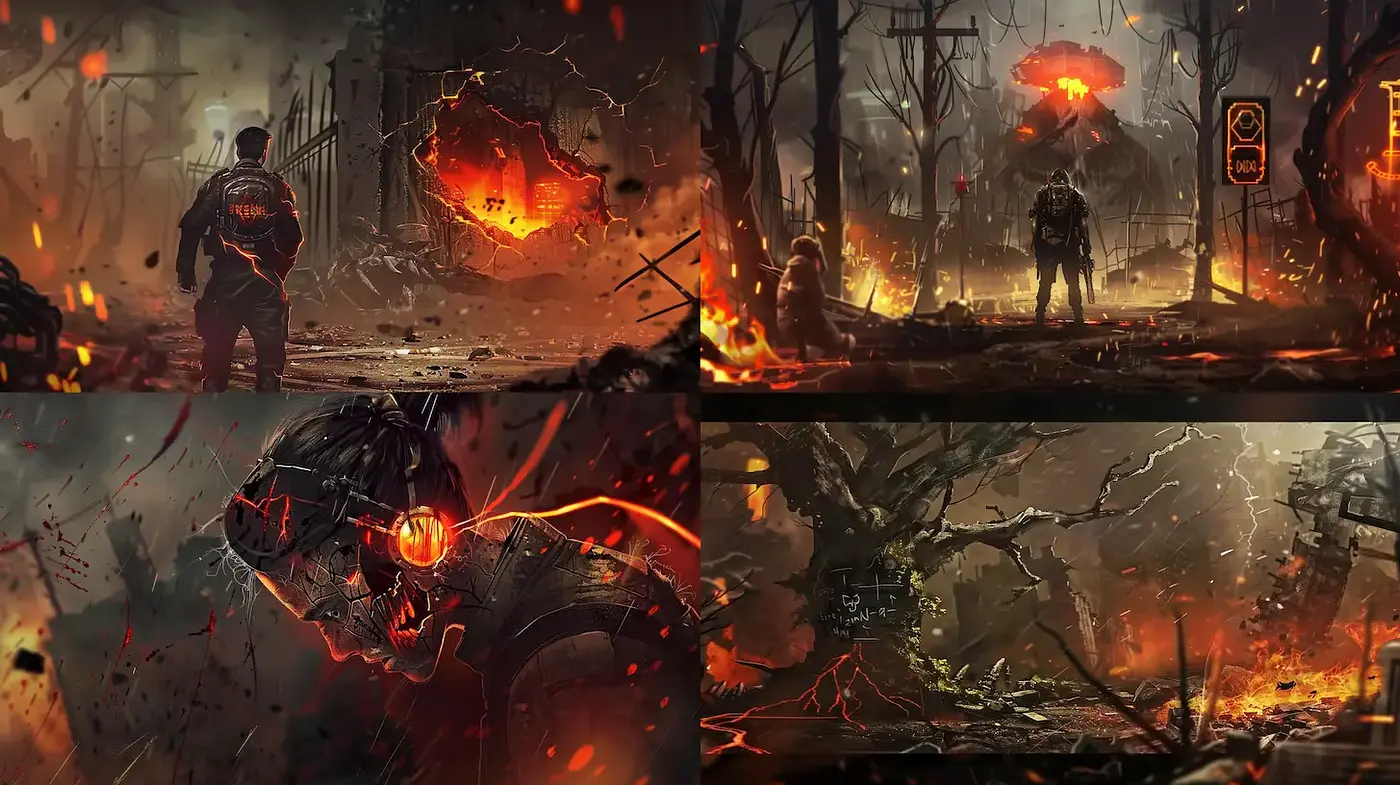 Dramatic Post-Apocalyptic Landscape with Fiery Aesthetic - Midjourney sref style