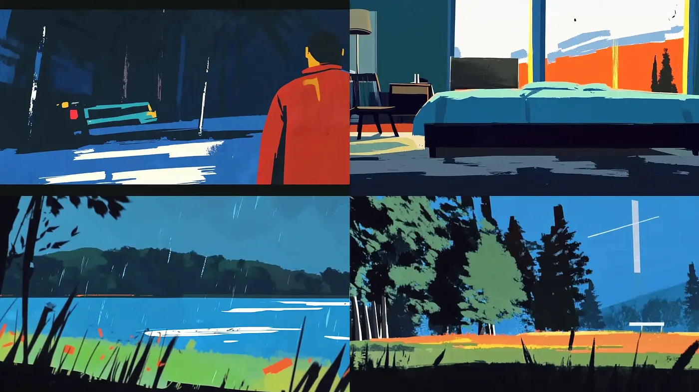 Expressive Contouring and Color-Blocked Scenic Compositions - Midjourney sref style