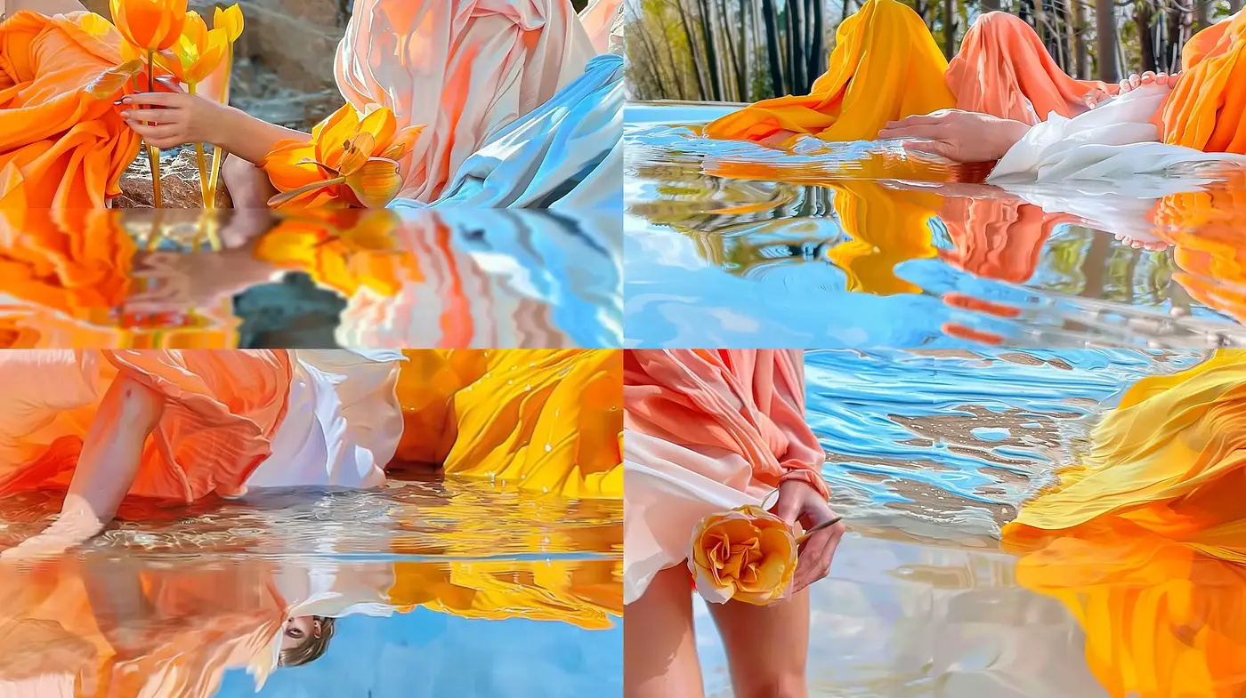 Serene Watercolor Rhapsody in Aquatic Tones with Reflective Fabric - Midjourney sref style