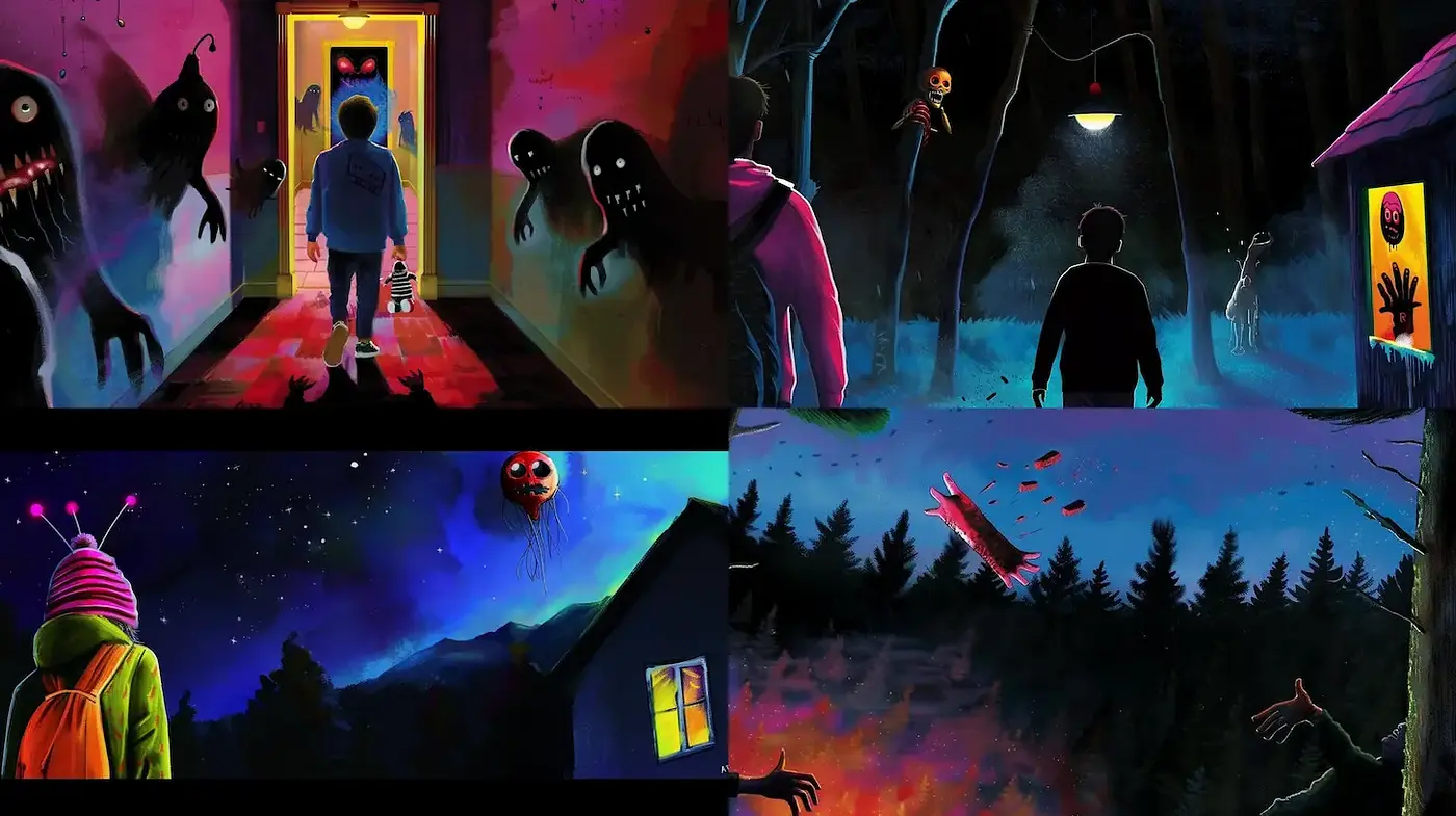 Eerie and whimsical dark fantasy with unique character design - Midjourney sref style
