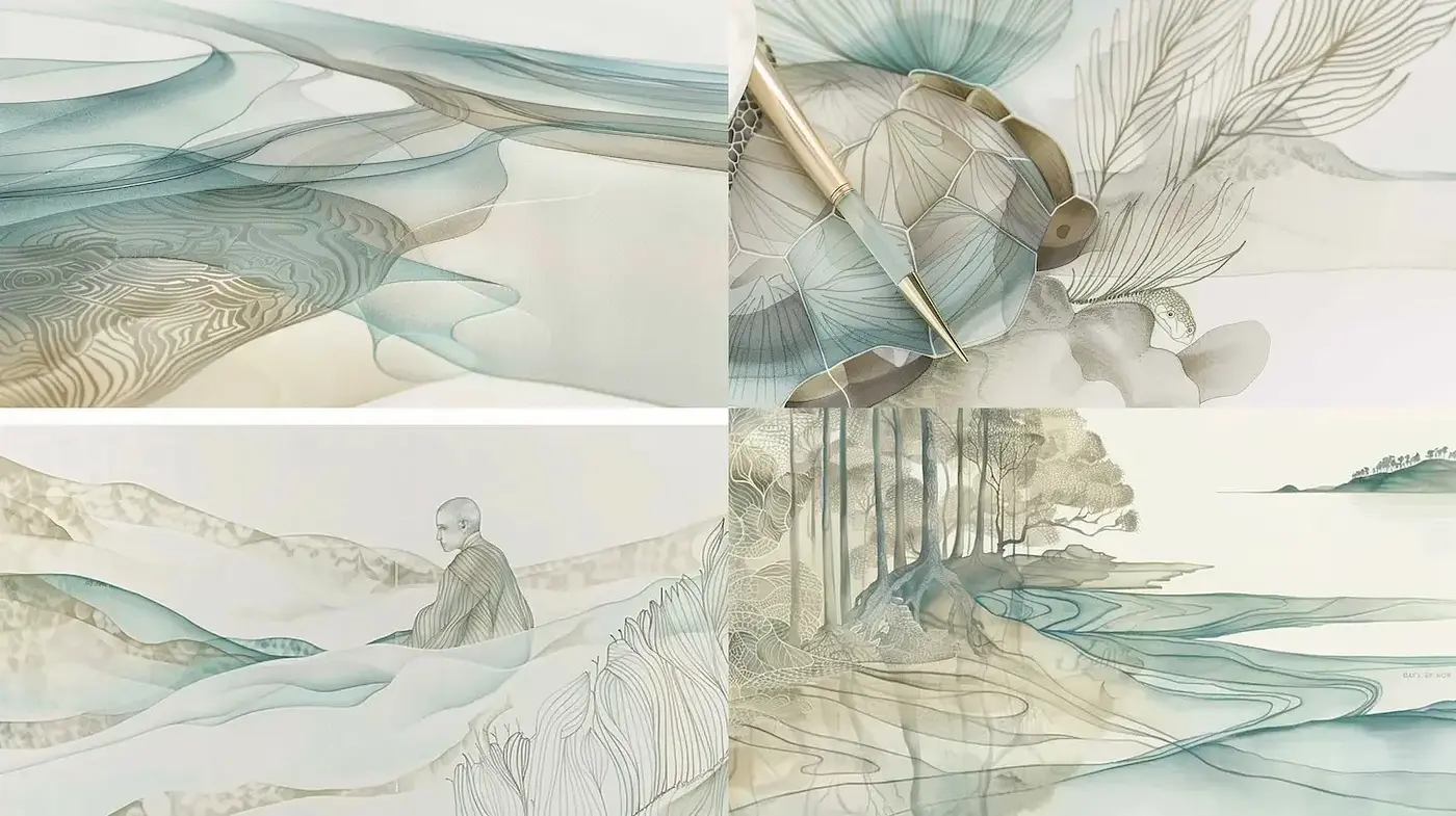 Elegant and Ethereal Watercolor Landscapes with Minimalist Details - Midjourney sref style