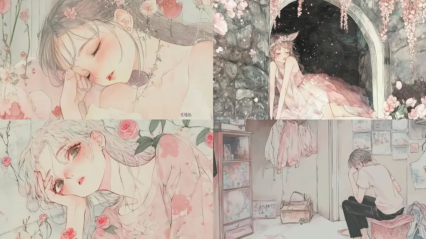 Ethereal Rose-Tinted Dreamscape in Modern Manga - Midjourney sref style