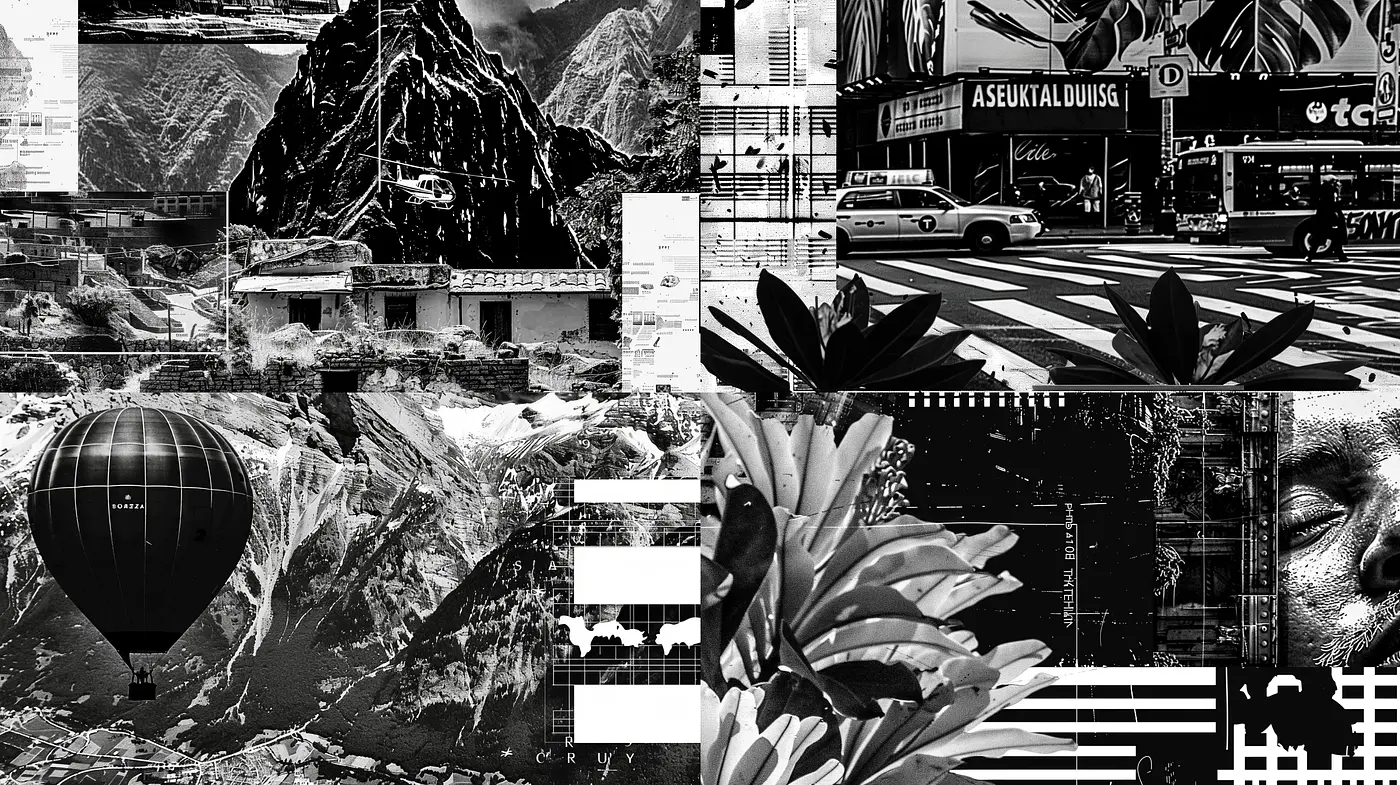 Monochromatic Montage of Contrasting Textures and Elements - Midjourney sref style