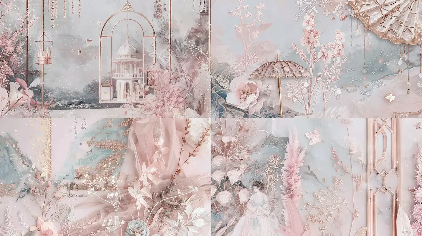 Elegant pastel fantasy landscapes with floral motifs and delicate textures - Midjourney sref style