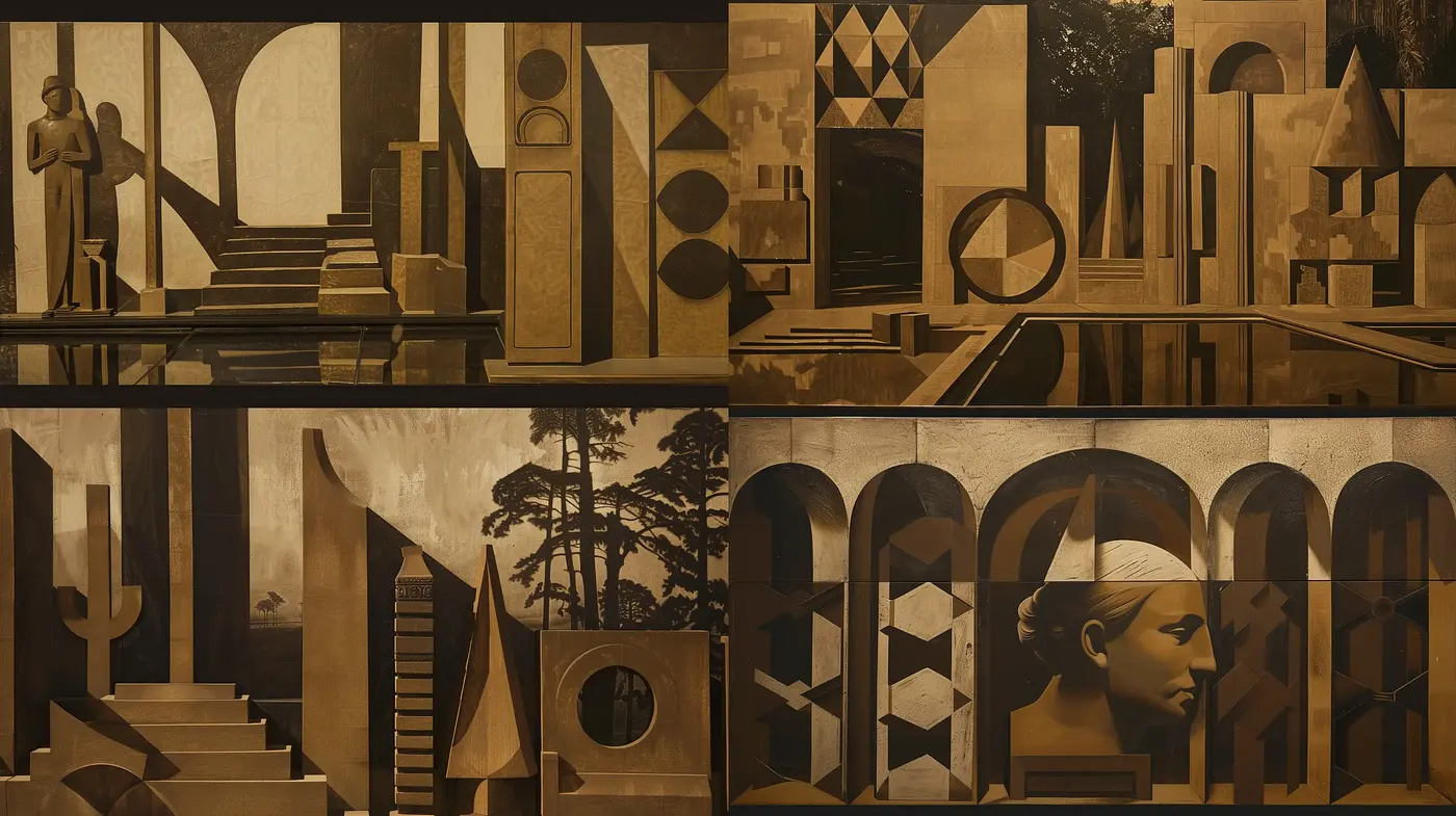 Sepia-Toned Architectural Dreamscapes with Geometric Abstraction - Midjourney sref style
