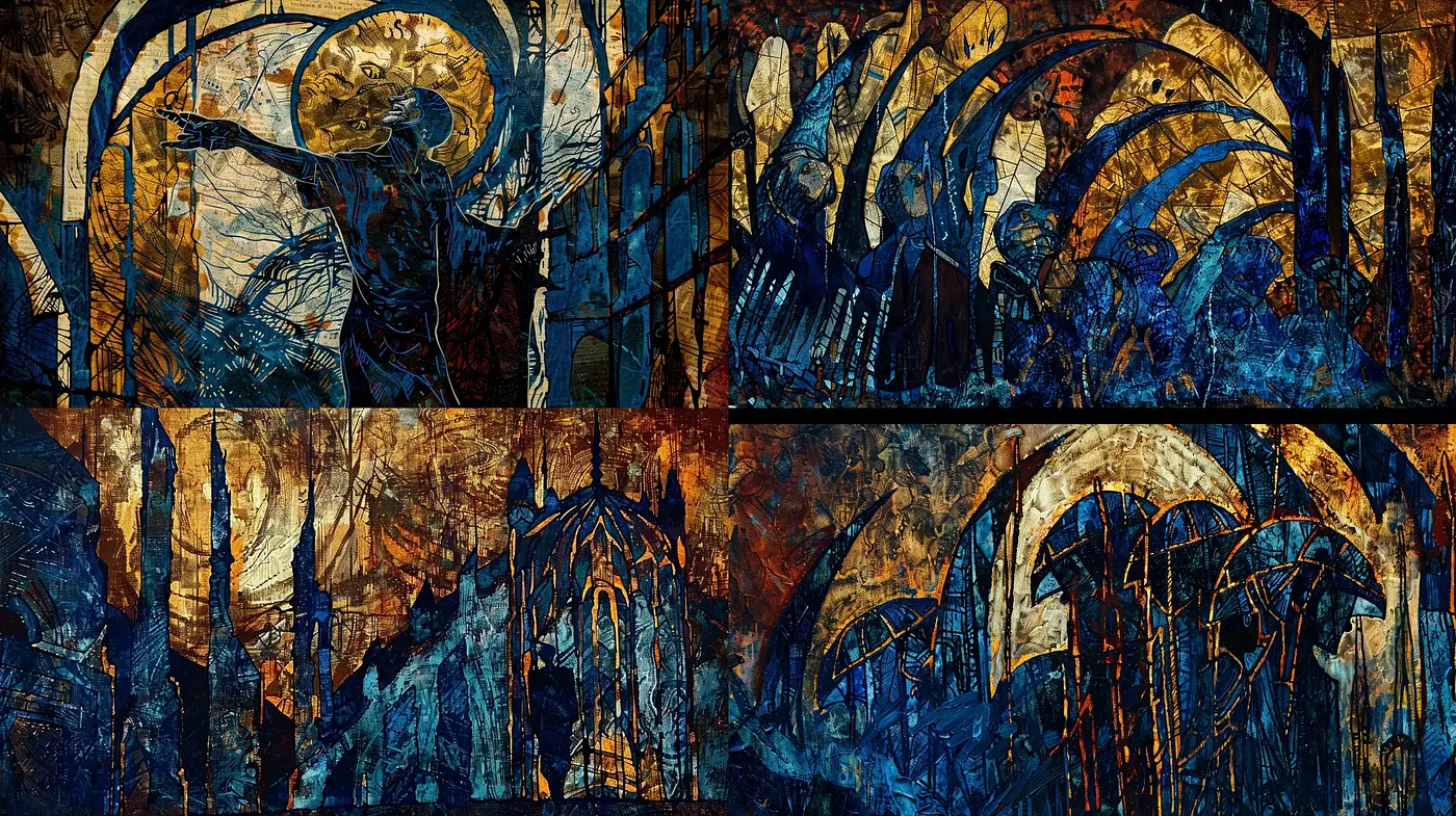 Abstract Gothic Cathedral Moonscape in a Rustic Blue Symbiosis - Midjourney sref style
