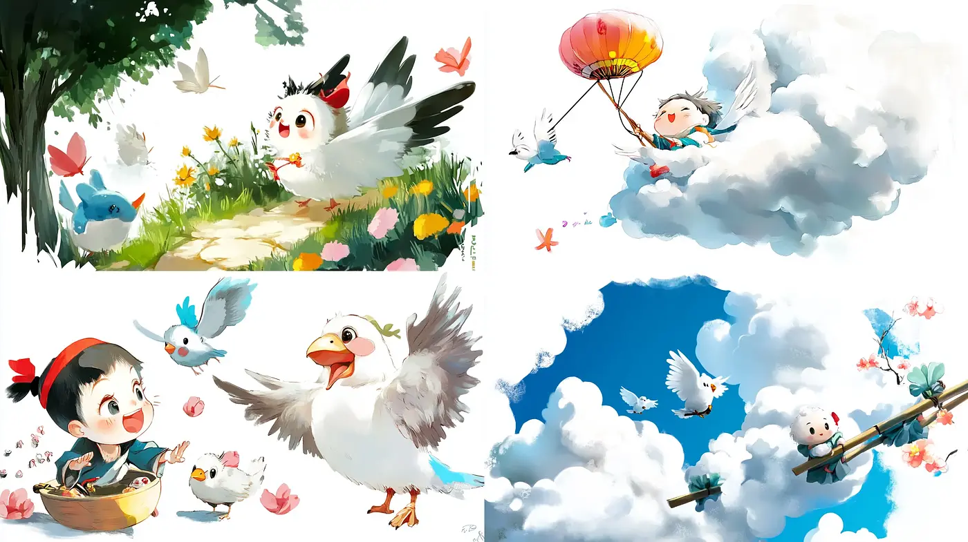 Whimsical Skybound Adventures: A Dreamy Watercolor Storybook Ensemble - Midjourney sref style