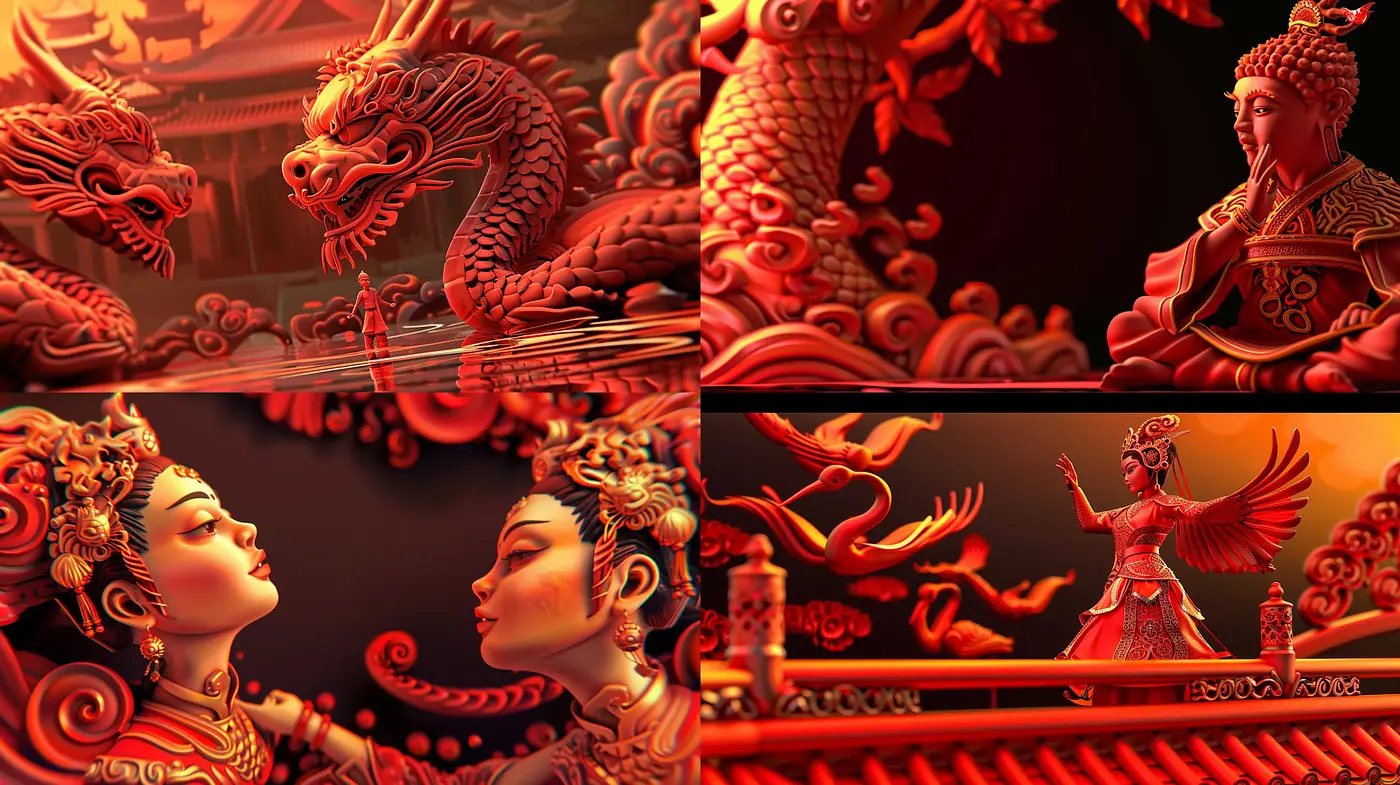 Ethereal Vermilion Dreamscape: A Fusional Homage to Pan-Asian Mythology - Midjourney sref style