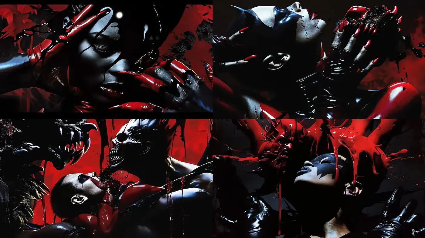 Dark, intense imagery with a surreal and graphic aesthetic - Midjourney sref style