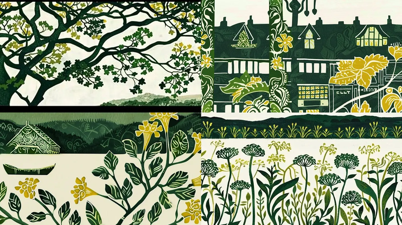 Stylized Nature's Silhouette: A Cohesive Blend of Monochromatic Botanical Illustrations - Midjourney sref style