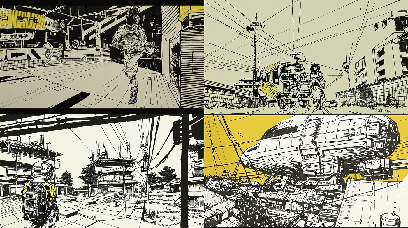 Monochrome Manga-Inspired Urban Dreamscape - Midjourney sref style