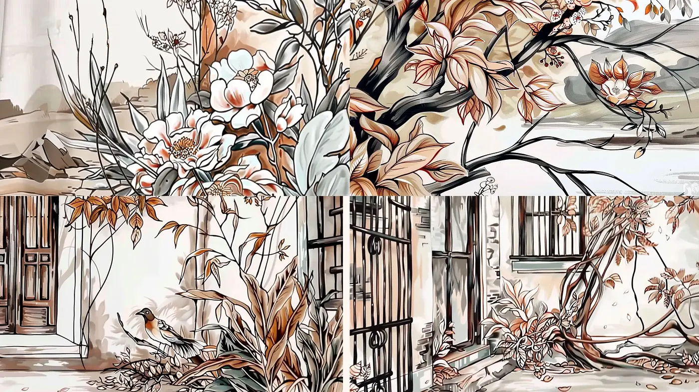Ethereal Ink-Washed Botanicals with a Touch of Art Nouveau - Midjourney sref style
