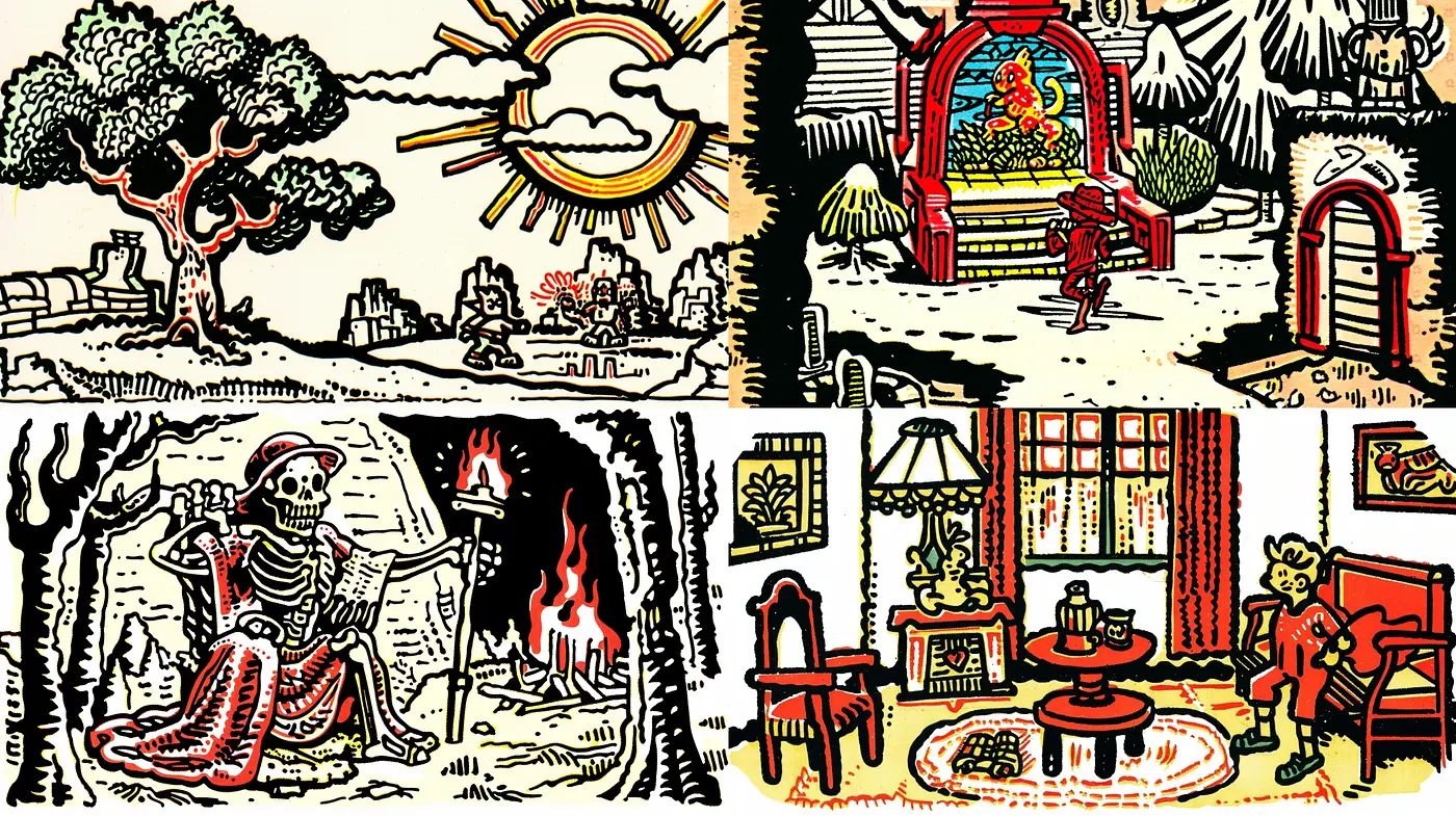 Enigmatic Etchings with Vivid Chromatic Contrast - Midjourney sref style
