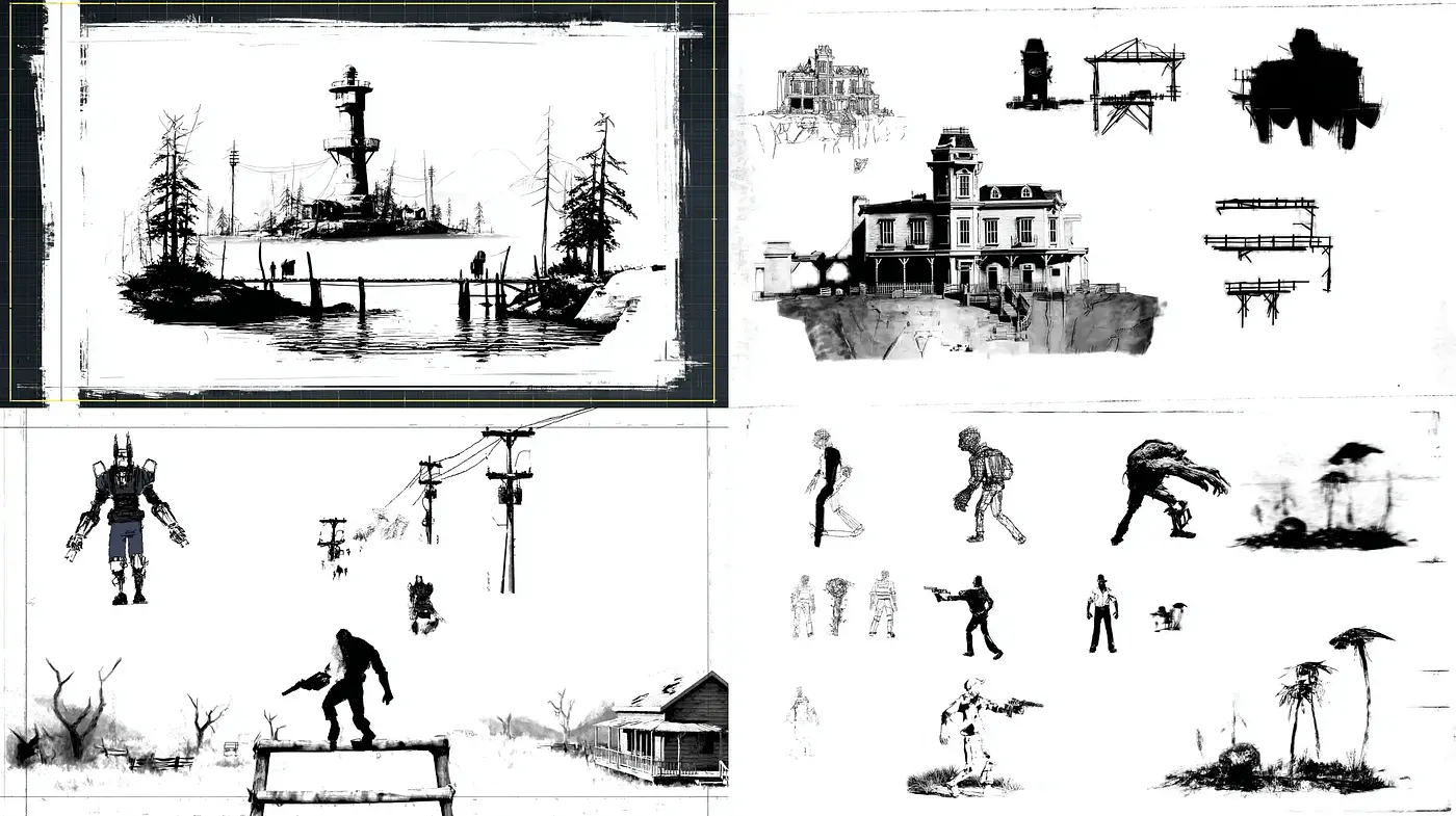 Dynamic and haunting monochrome visual narrative with distinct artistic influences - Midjourney sref style