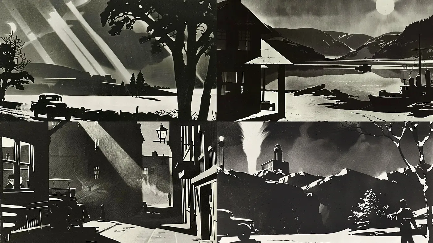 Monochromatic Nostalgic Vignettes with a Graphic Novel Flair - Midjourney sref style