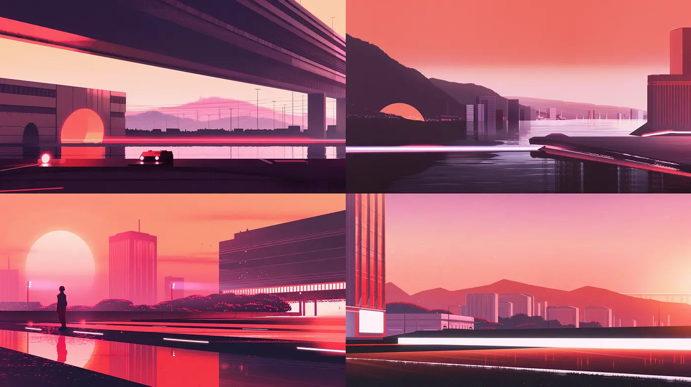 Sundown Silhouettes: A Synthesis of Geometric Repose and Chromatic Warmth - Midjourney sref style