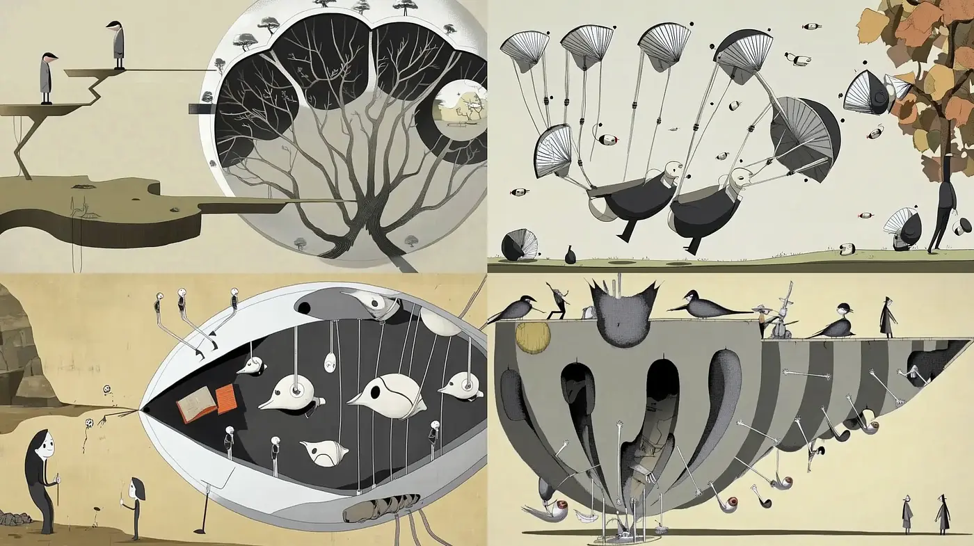 Surreal Dreamscapes with Monochromatic Tones and Subtle Vintage Ambiance - Midjourney sref style