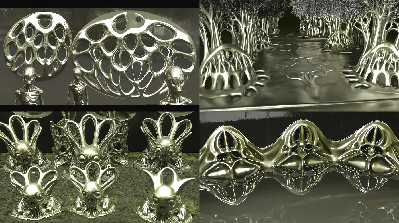 Luminous Reflective Dreamscapes: Metallic Tones Manifesting Surreal Ambiance - Midjourney sref style