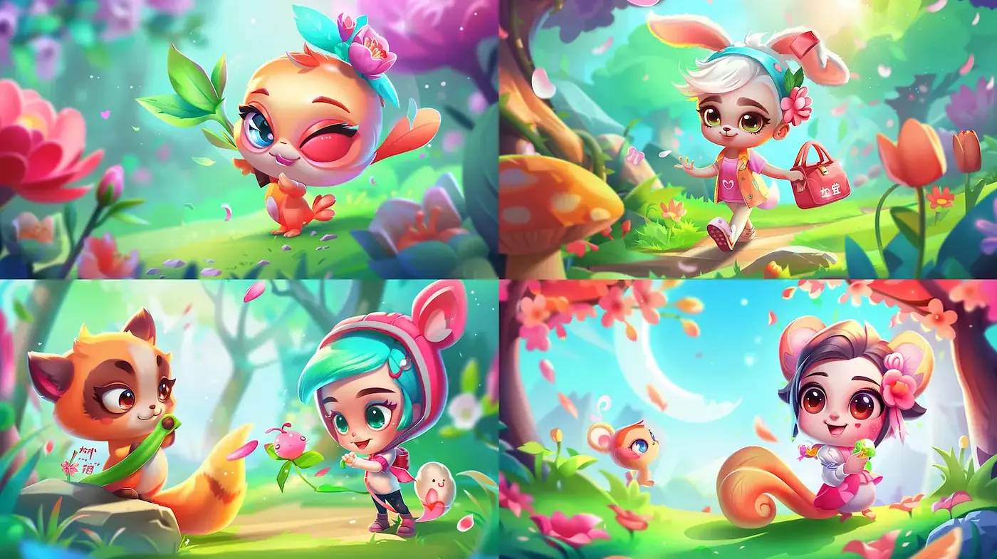 Whimsical and Colorful Fantasy Landscape with Cute Characters - Midjourney sref style
