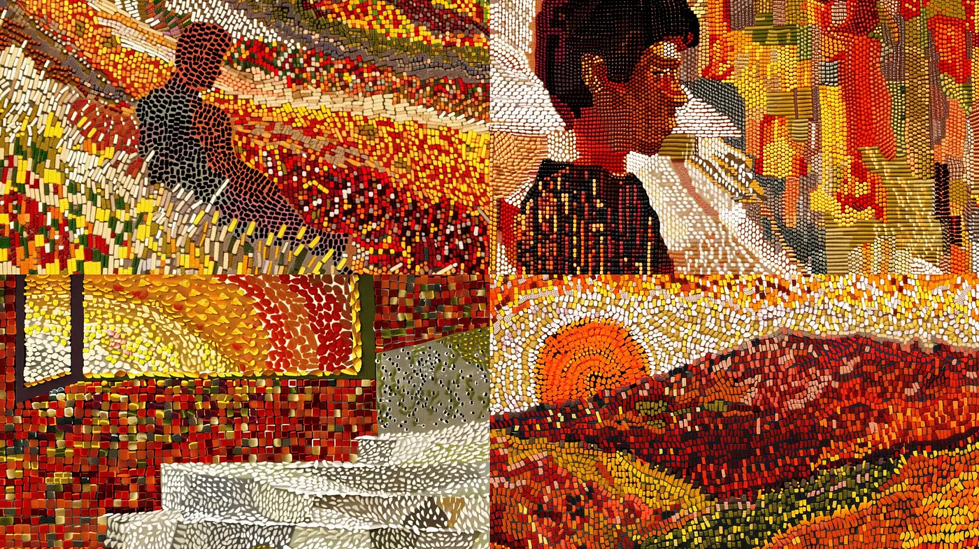Mosaic of Warmth: A Patchwork of Vivid Tones and Textured Stories - Midjourney sref style