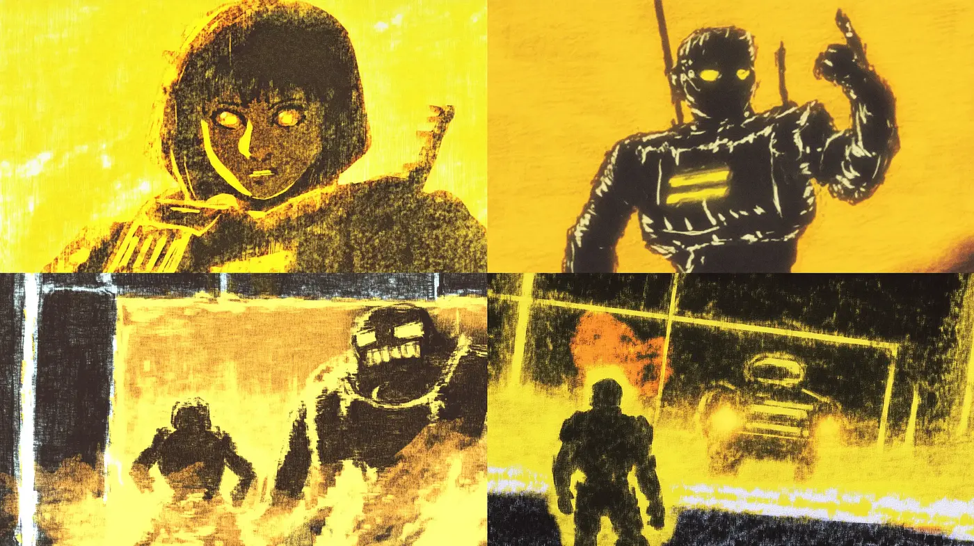 Monochromatic Yellow Hues with Noir Shadowplay and Gritty Textures - Midjourney sref style