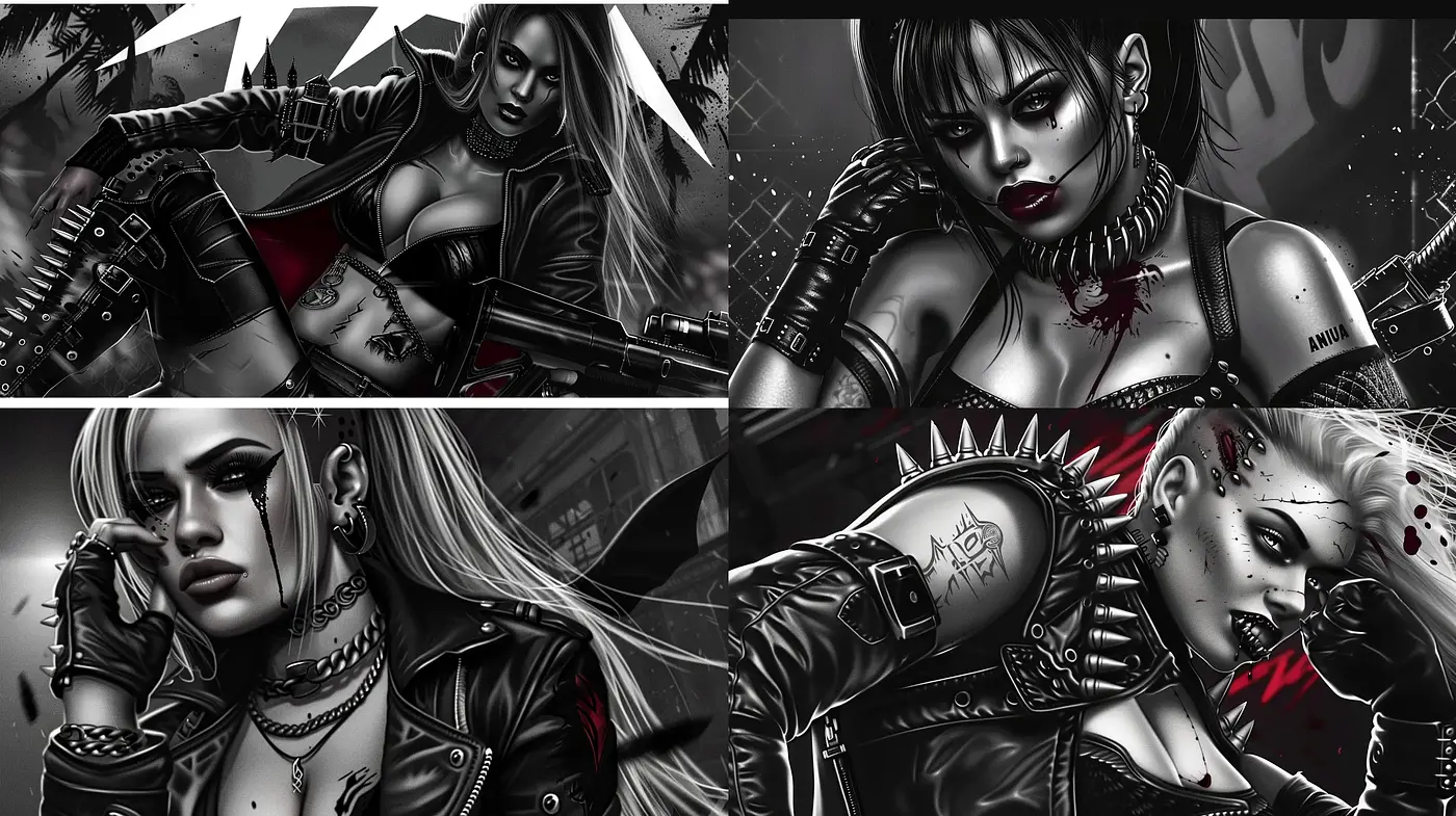 Gritty Monochromatic Punk Vibes with Crimson Accents - Midjourney sref style