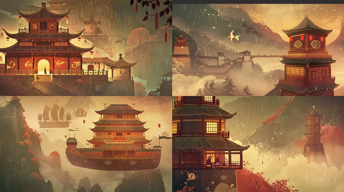 Serene Oriental Landscapes in Subdued Twilight Hues - Midjourney sref style