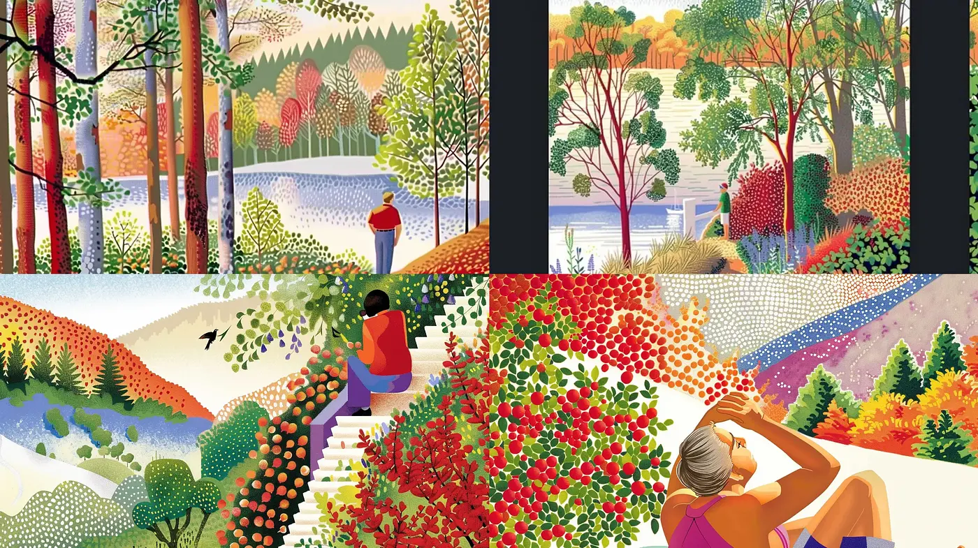 Stylized Seasonal Sceneries with Pointillist and Impressionist Touches - Midjourney sref style