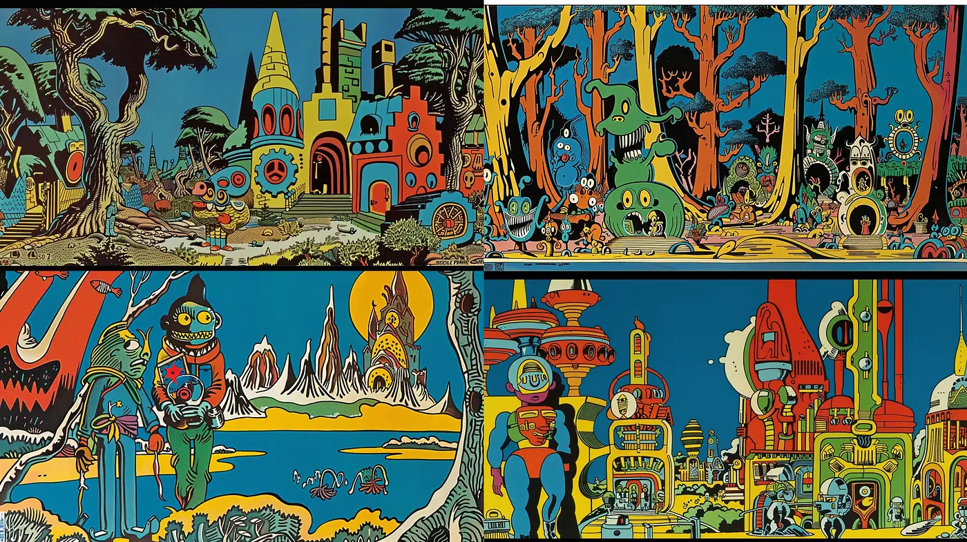 Psychedelic Retro Comic Extravaganza - Midjourney sref style