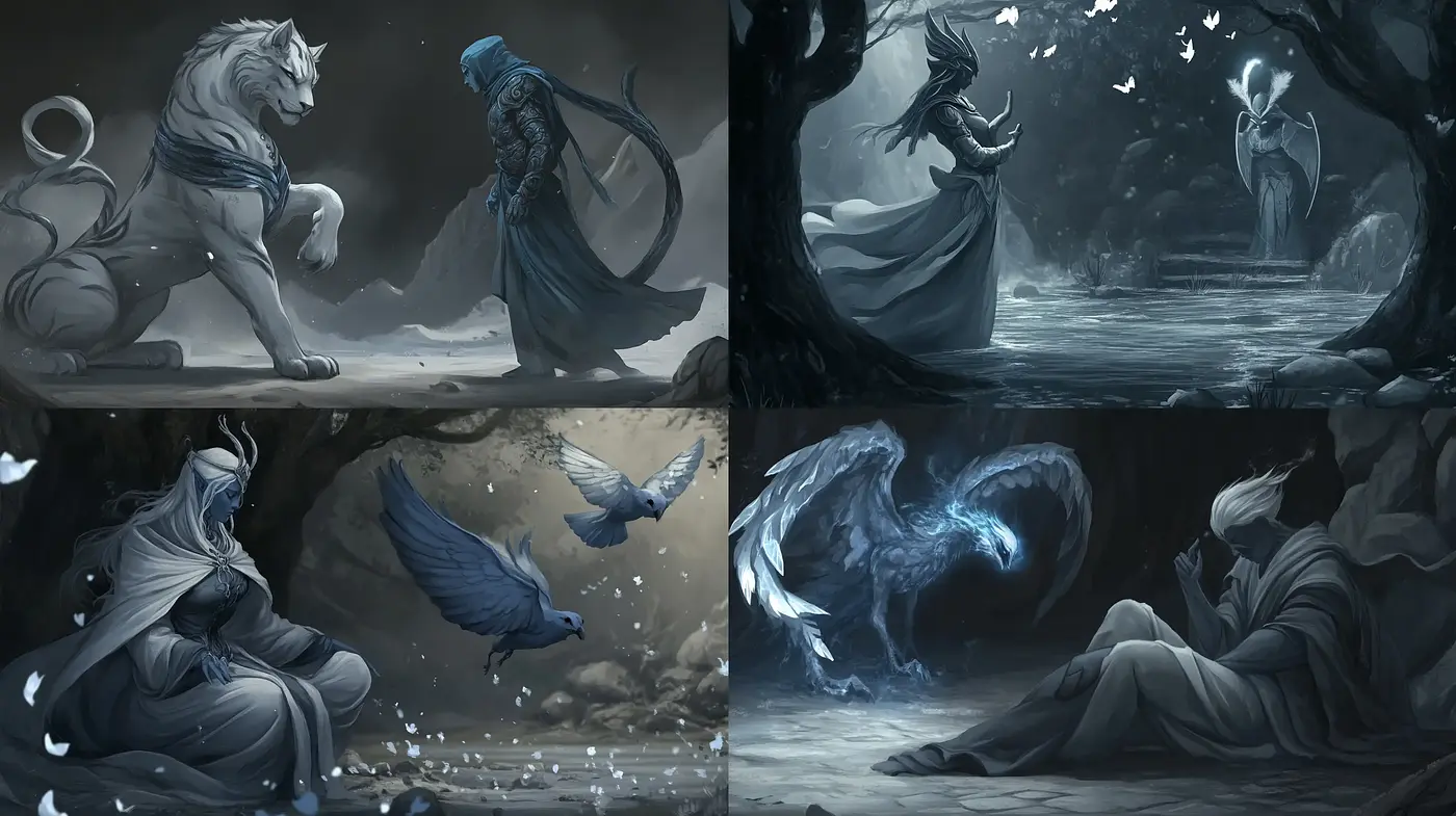 Ethereal Monochromatic Fantasia: A Harmonious Blend of Dark Hues and Mystical Ambiance - Midjourney sref style