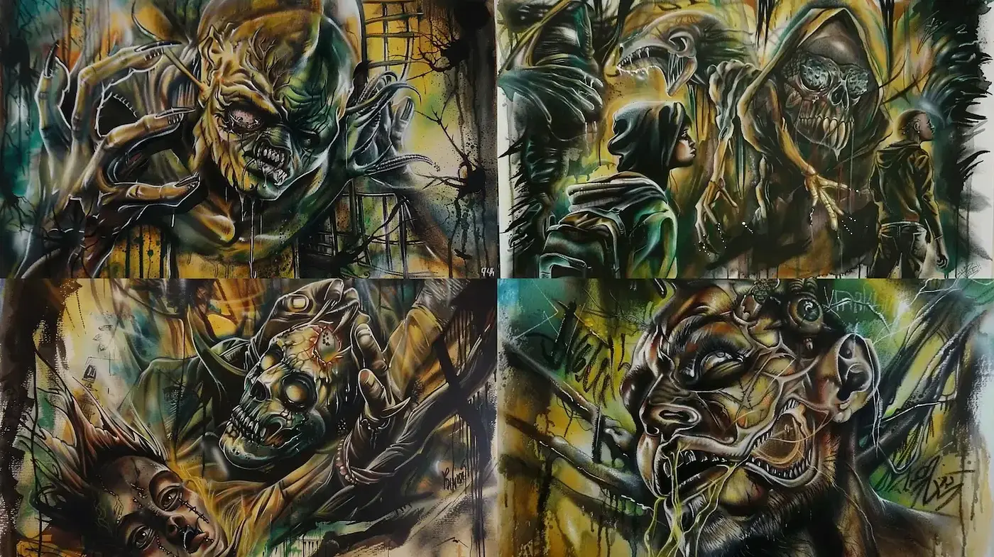 Grunge-infused, dark surrealism with a graffiti influence - Midjourney sref style