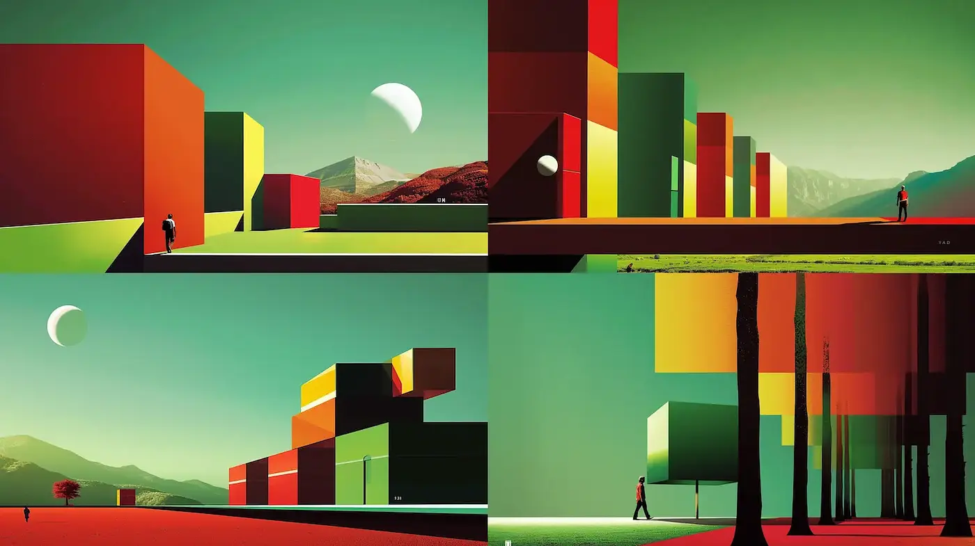 Contemporary minimalist landscapes with geometric forms and vibrant hues - Midjourney sref style