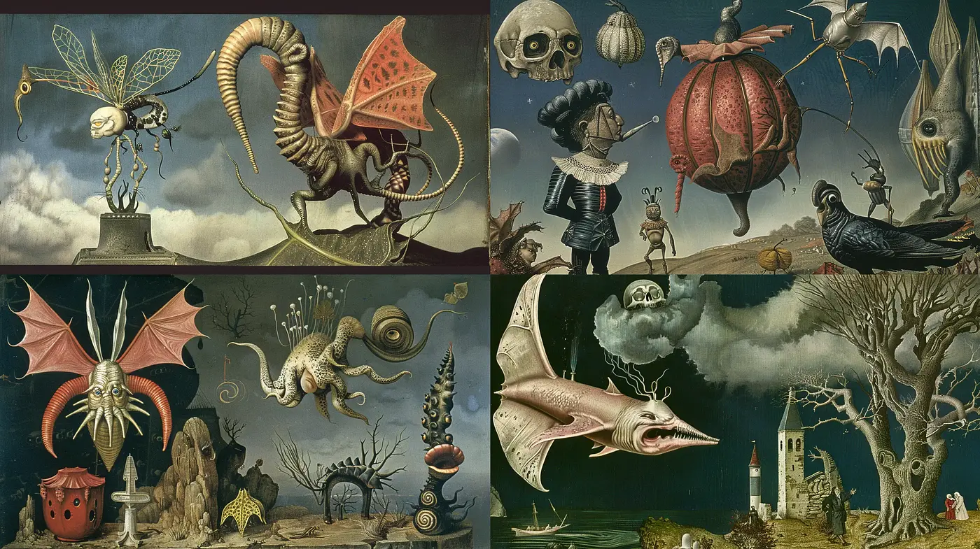 Surrealist Dreamscape: A Homage to Hieronymus Bosch's Fantastical Visions - Midjourney sref style