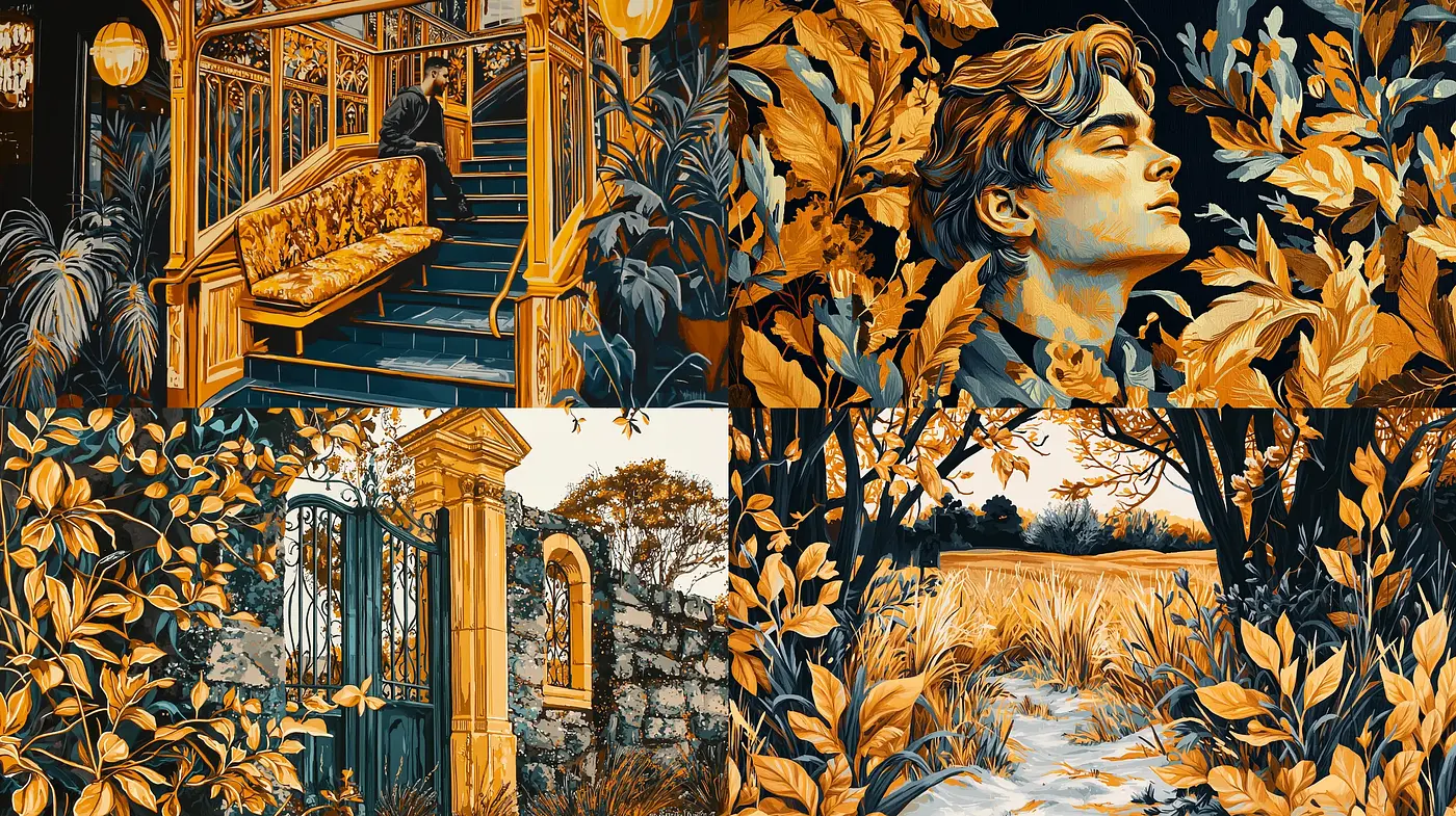 Golden Embrace: A Harmonious Blend of Nature and Nostalgia in Art Nouveau - Midjourney sref style
