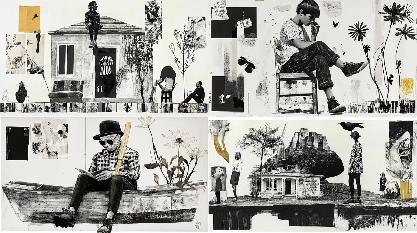 Monochromatic Storyboard Collage with Botanical and Vintage Undertones - Midjourney sref style