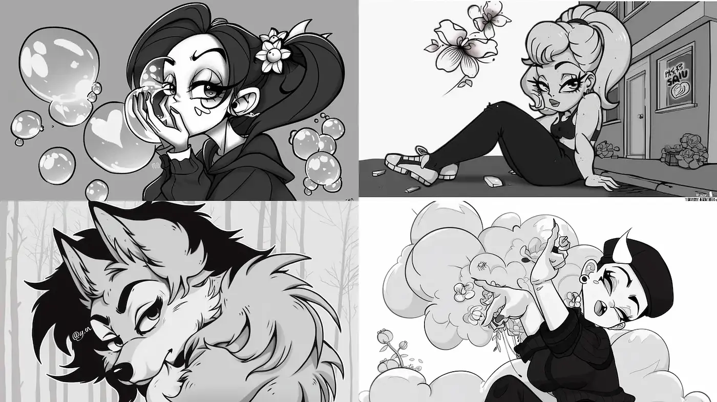 Whimsical and Playful Black and White Illustrations with a Touch of Surrealism - Midjourney sref style