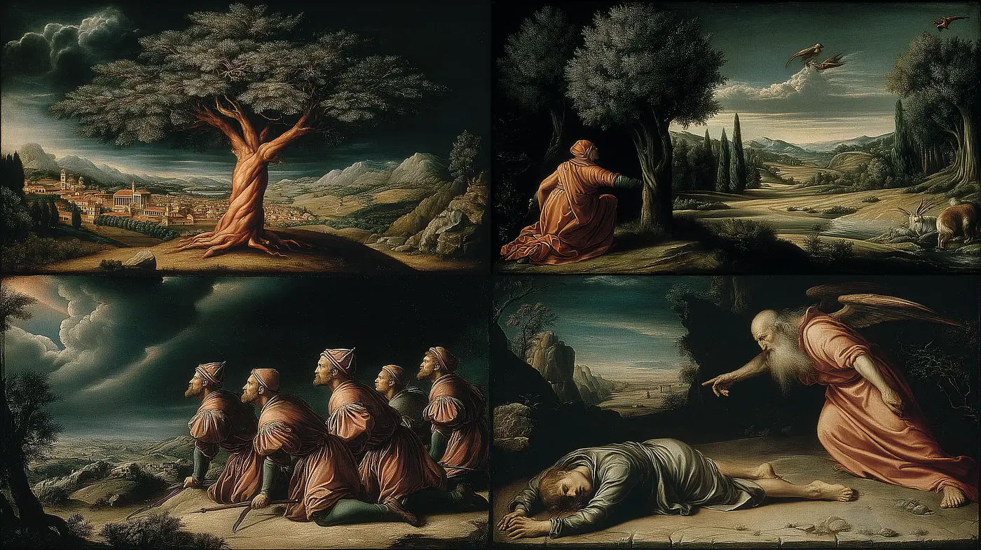 Dramatic Renaissance Landscape with Natural Elements and Deep Emotional Undertones - Midjourney sref style