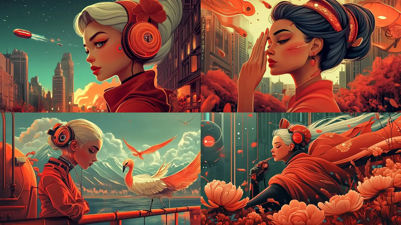 Crimson Elegance with a Futuristic Art Deco Twist - Midjourney sref style
