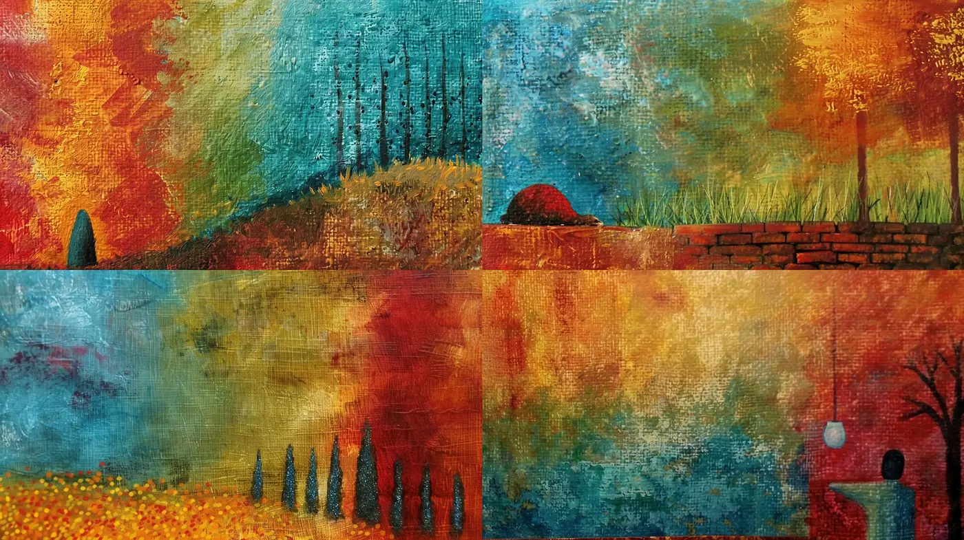 Spectrum of Nostalgia: A Textured Experiment in Vivid Abstract Impressionism - Midjourney sref style