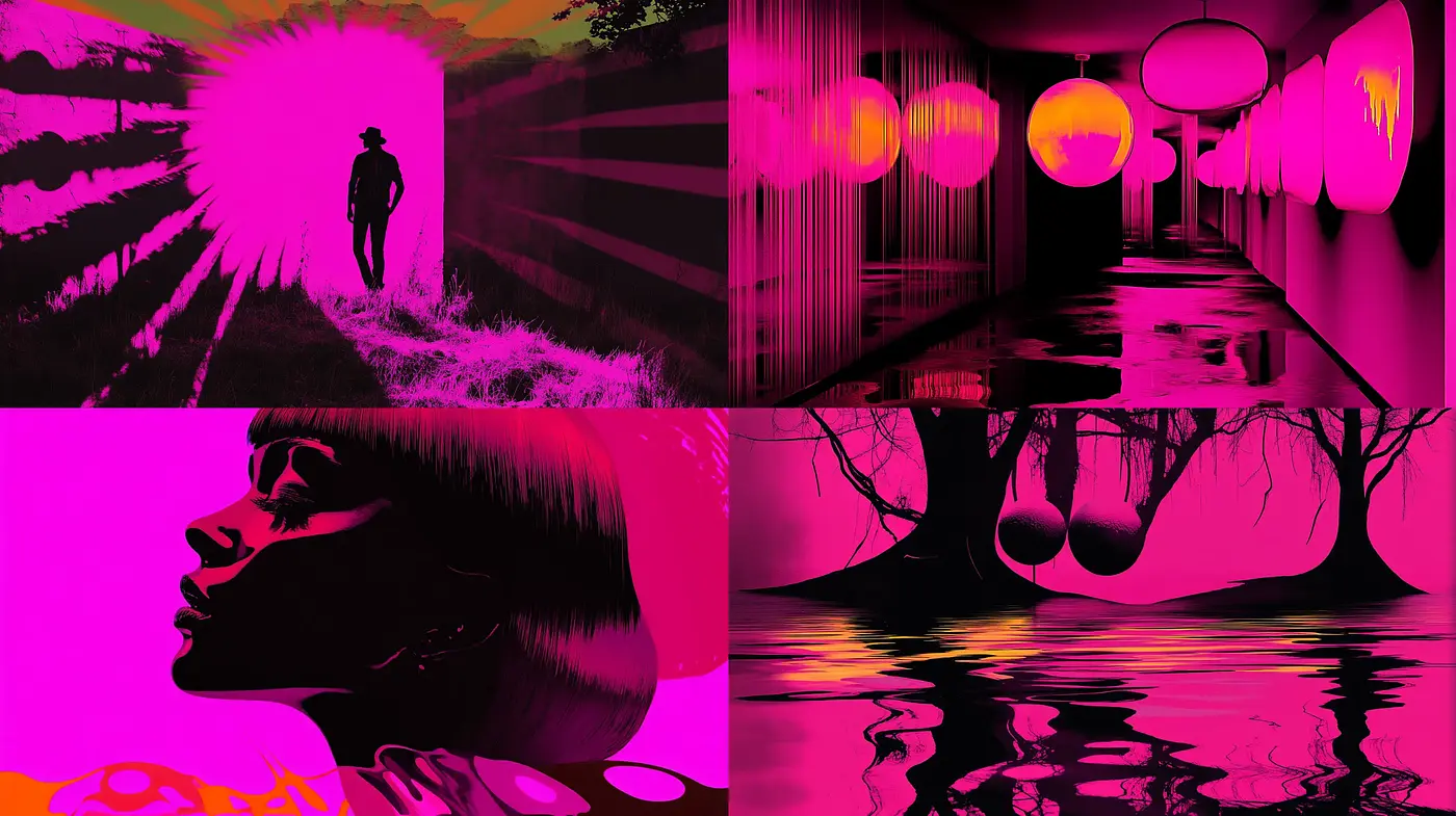 Neon Noir Dreamscape: A Synthetic Fusion of Vibrant Pink and Surreal Imagery - Midjourney sref style