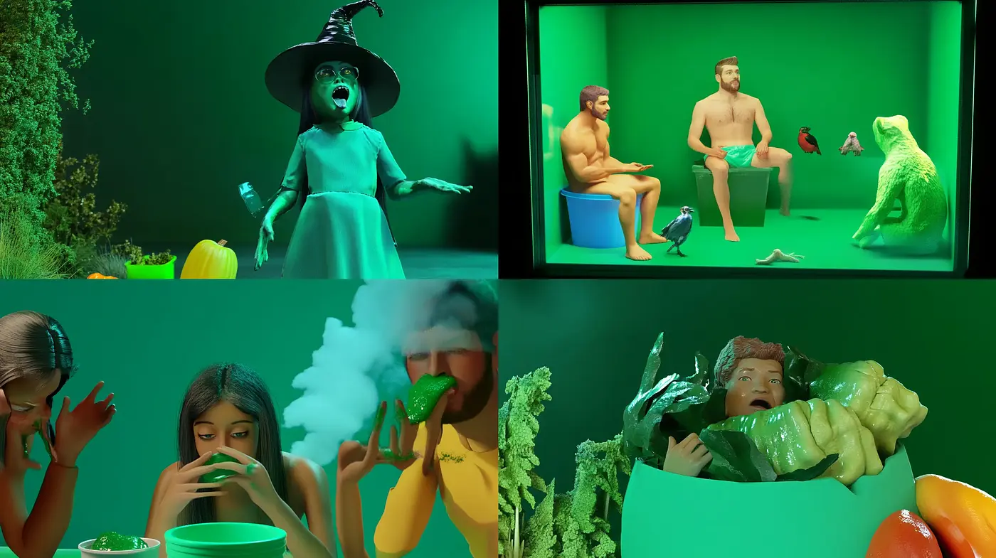 Surreal Green-Tinted Vignettes with a Whimsical Edge - Midjourney sref style