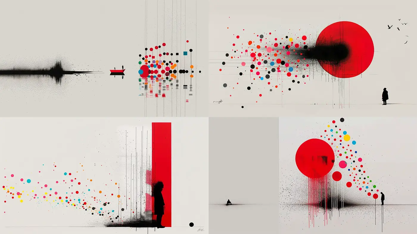 Contemporary Abstract with Red Accents and Polychromatic Sphere Clusters - Midjourney sref style