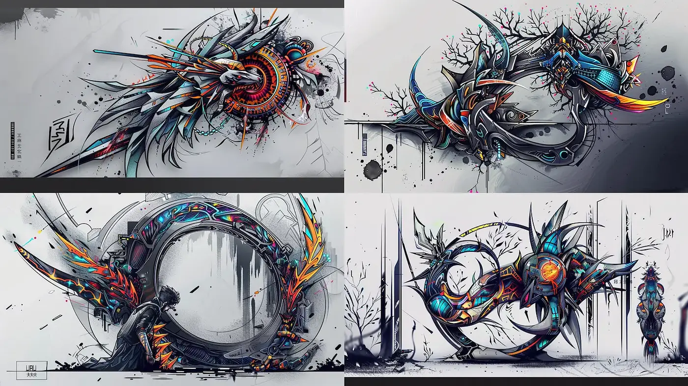 Dynamic and Abstract Fusion of Organic and Mechanical Forms - Midjourney sref style