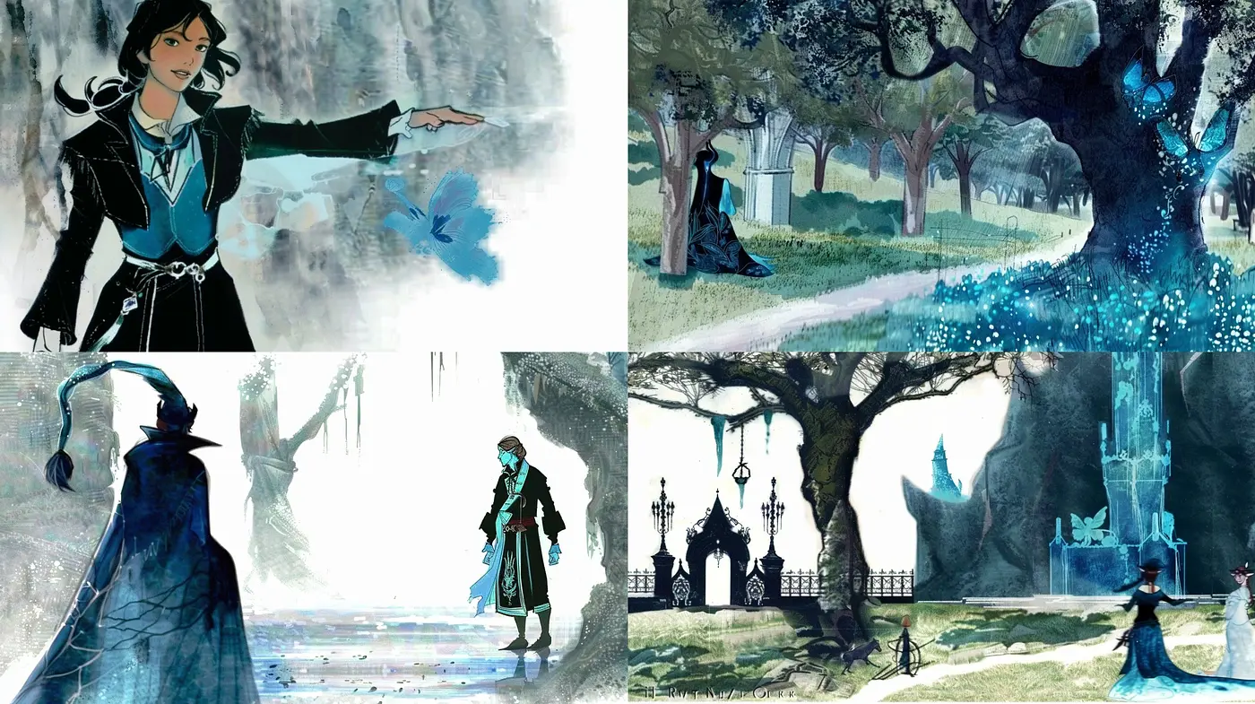 Ethereal Enchantment in Turquoise Hues: A Consistent Journey Across Stylized Fantasies - Midjourney sref style
