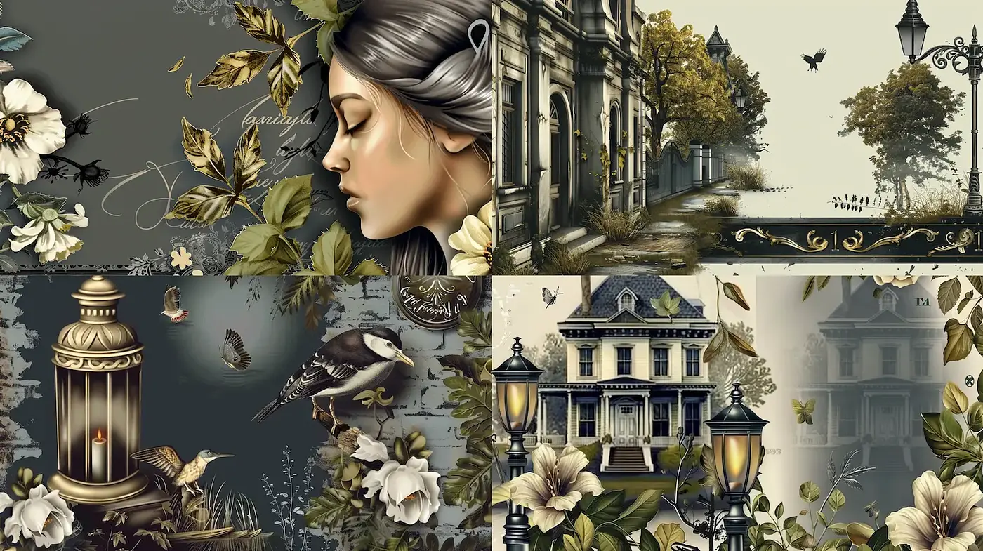 Elegant vintage-inspired illustrations showcasing intricate details and nature elements - Midjourney sref style