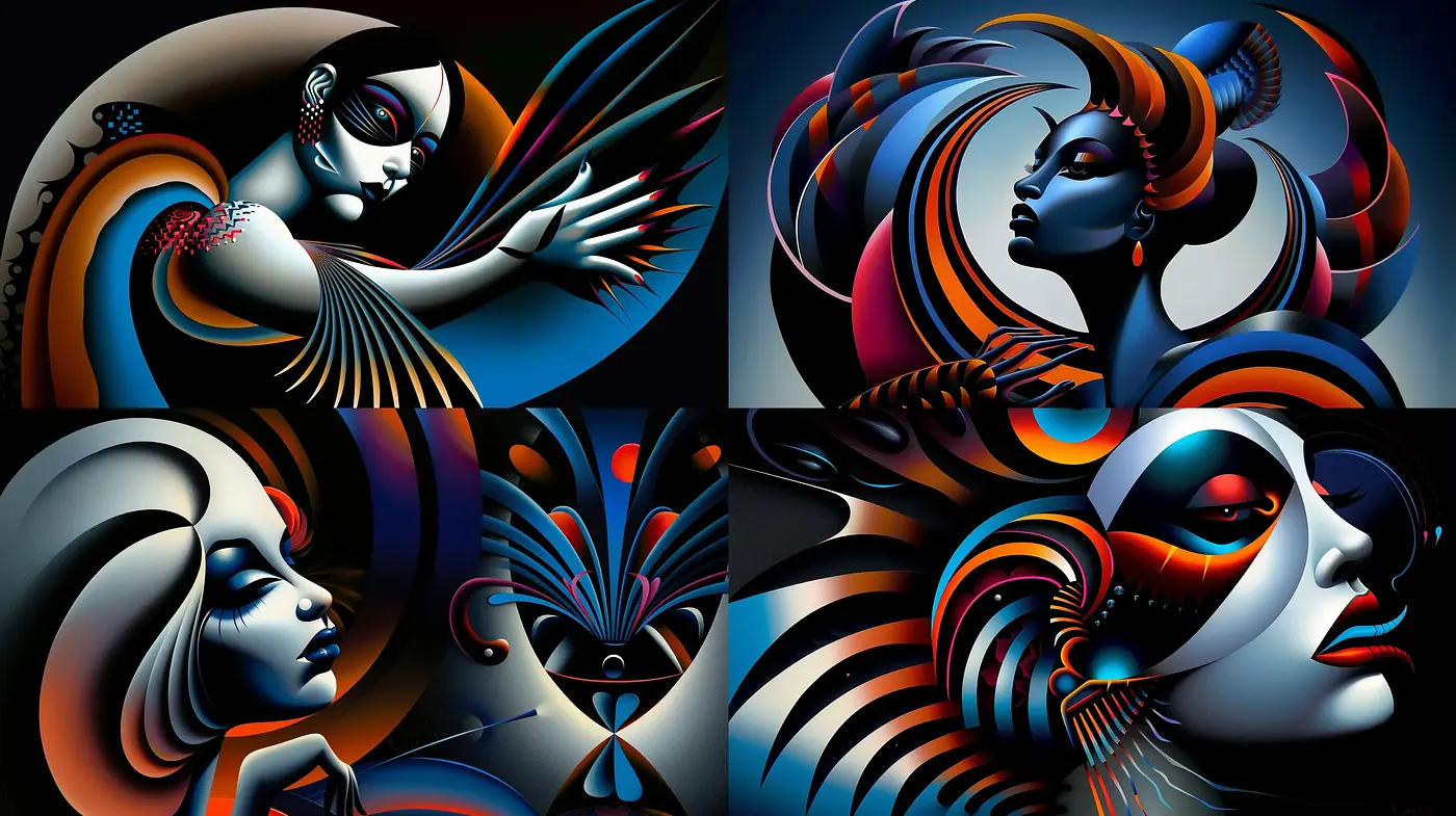 Surreal Elegance in Nocturnal Hues: A Fusion of Art Deco and Modern Digital Artistry - Midjourney sref style