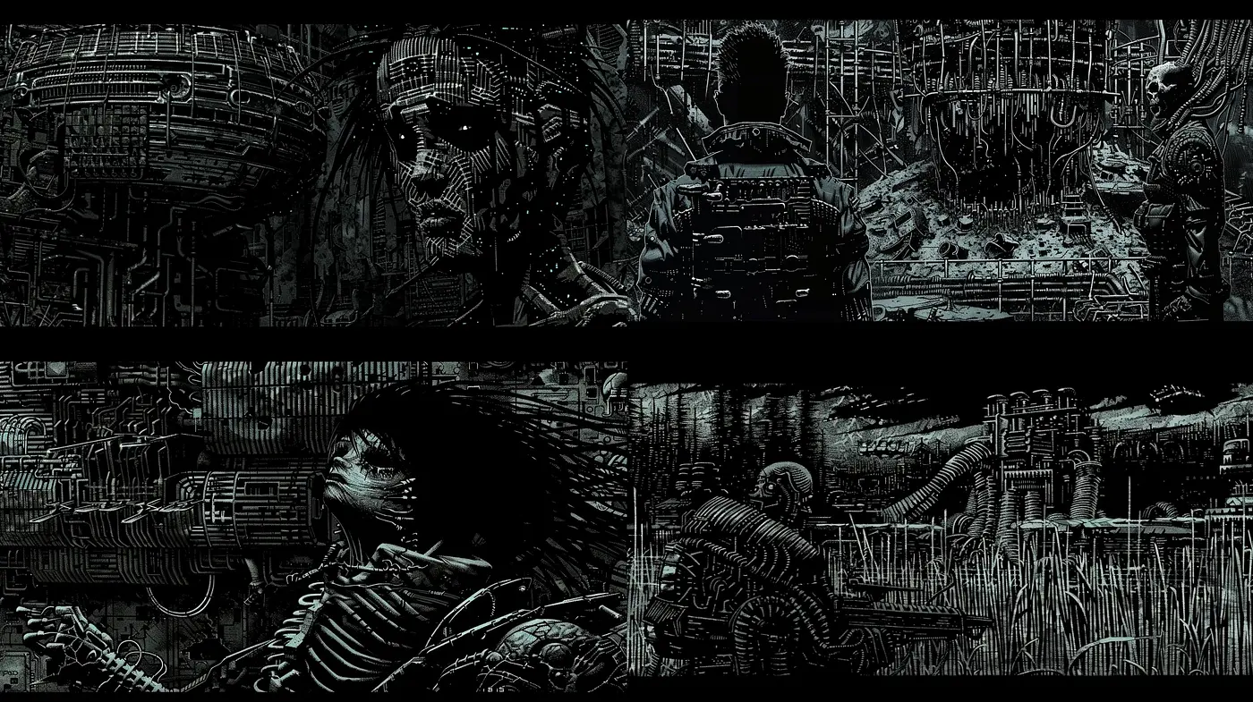 Monochromatic Mechanical Dreamscape: A Consistent Vision of Cybernetic Complexity - Midjourney sref style