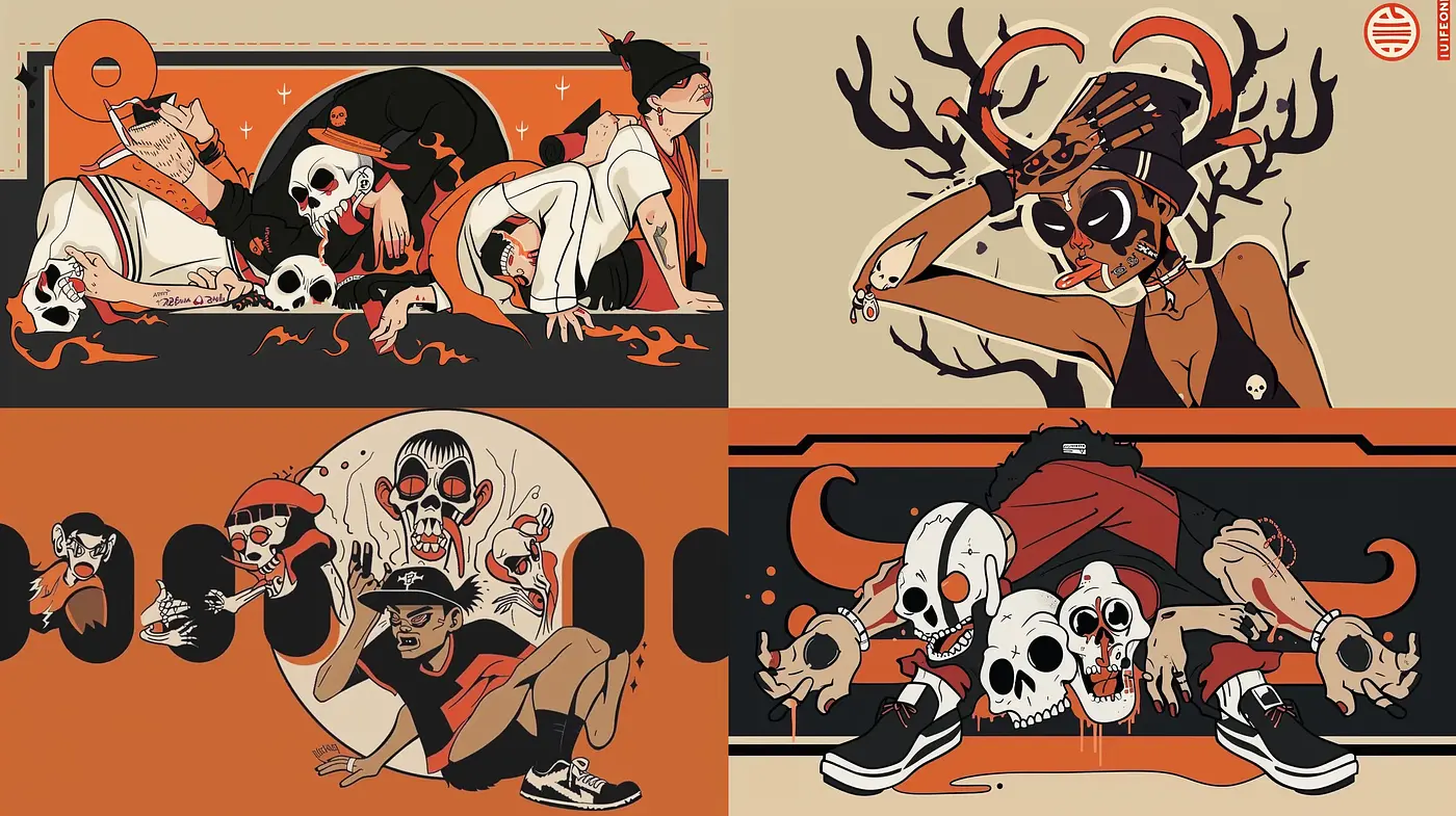 Stylized Graphic Novel Aesthetics with a Dark Surrealist Twist - Midjourney sref style