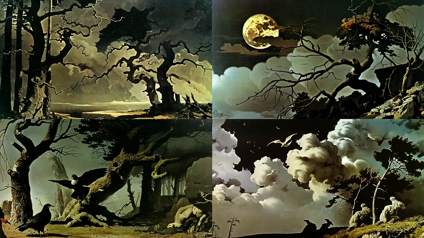 Ethereal Nocturnal Tableaus with a Surrealist Twist - Midjourney sref style